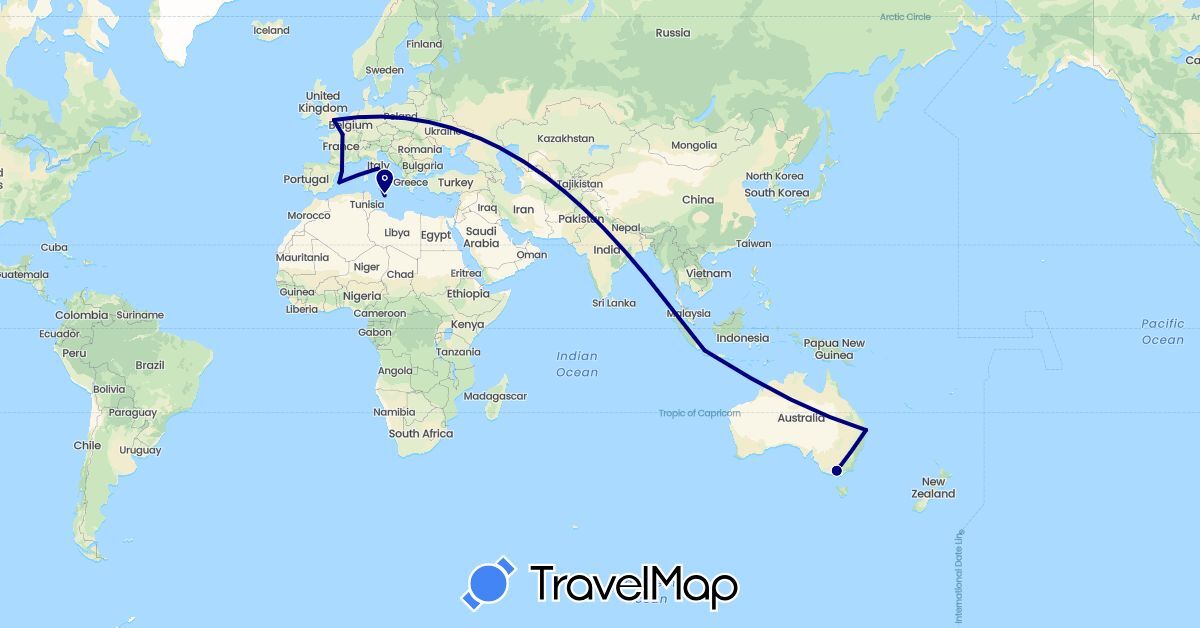 TravelMap itinerary: driving in Australia, Spain, France, United Kingdom, Indonesia, Italy, Malta (Asia, Europe, Oceania)